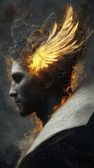 Aufkleber - Mystical profile of a man illuminated with golden wings and fiery accents at twilight