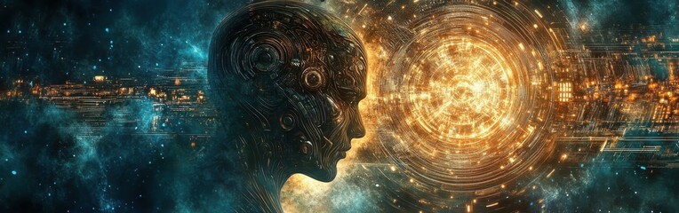 Aufkleber - Mystical profile of a man filled with cosmic energy and intricate patterns at twilight