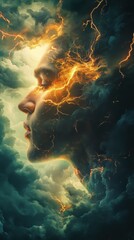 Poster - Mystical profile of a man with swirling clouds and electric energy in a surreal landscape at dusk