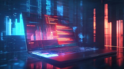 Fototapete - Modern laptop displaying vibrant data visualizations in a tech-focused workspace during nighttime hours