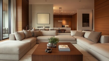 Poster - Modern living room with sleek furniture and open kitchen design enhancing stylish comfort and functionality