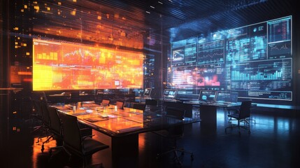 Poster - Modern conference room illuminated by vibrant screens and high-tech displays during an important business meeting