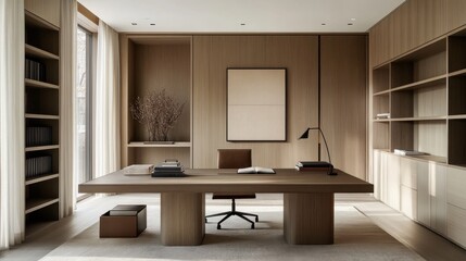Poster - Modern home office designed with a neutral palette featuring natural wood elements and minimalist decor