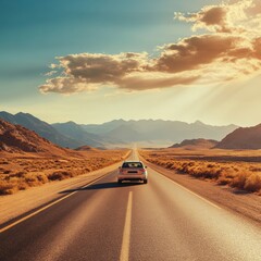 Poster - Driving along a desert road with distant mountains under warm orange and yellow tones. Generative AI