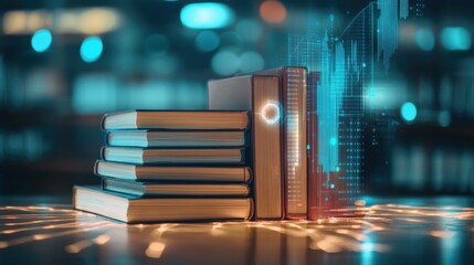 Leinwandbilder - Glowing stack of books illuminated with digital light patterns in a modern educational setting at night