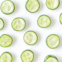Poster - Freshly sliced green zucchini rounds arranged in a circular pattern on a clean white surface for culinary use