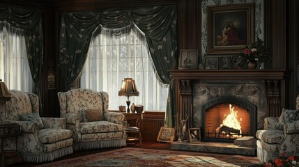 Aufkleber - Cozy sitting room with a warm fireplace and inviting decor perfect for relaxation
