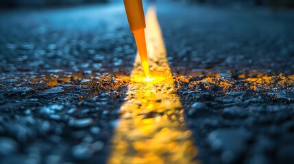 Wall Mural - Amazing glowing line. A bright yellow line is painted on the wet asphalt road at night. The line seems to glow and illuminate the road ahead.