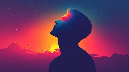 Poster - Man glowing with inspiration at sunset in a dreamlike landscape