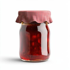 Poster - Homemade red fruit jam in a clear glass jar with a checkered lid on a bright background