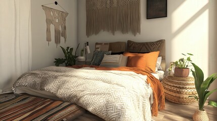 Aufkleber - Boho-inspired bedroom featuring textured throws and natural elements creating a cozy atmosphere