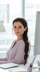 Aufkleber - Professional woman working in a bright, modern office with a laptop and minimalistic decor