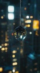 Poster - Close-up view of a raindrop hanging on a thread, reflecting city lights in the background at night