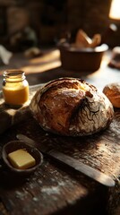 Aufkleber - Rustic loaf of bread with butter and honey on a wooden table in a cozy kitchen setting