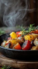 Poster - Close-up of steaming colorful vegetables in a rustic skillet, highlighting vibrant hues and fresh herbs