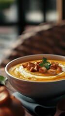 Poster - Close-up view of a bowl filled with creamy pumpkin soup topped with croutons and herbs in a cozy setting