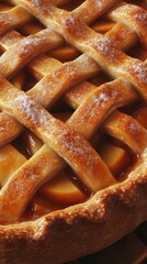 Aufkleber - Close-up of a freshly baked apple pie with a golden lattice crust showcasing its delicious filling