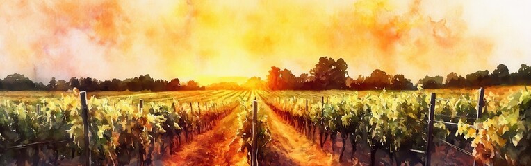 Poster - Vast vineyard stretches under a vibrant sunset sky amidst lush grapevines and tranquil nature