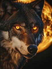 Poster - Mystical wolf glows under a full moon illuminating the night sky in a serene wilderness setting. Generative AI