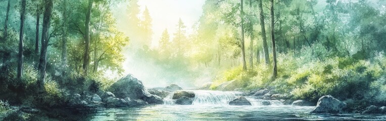 Poster - Serene river flowing through a lush forest with soft sunlight filtering through the trees at dawn