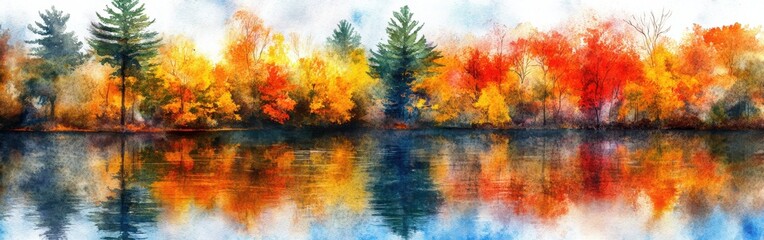 Aufkleber - Vibrant autumn colors reflecting on a tranquil lake under a serene sky with gentle water ripples at sunrise