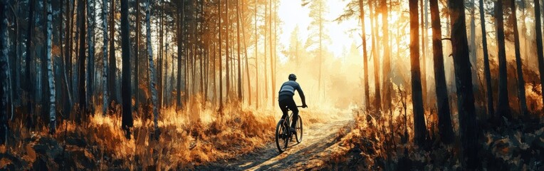 Aufkleber - Cyclist riding through a sunlit forest path surrounded by vibrant autumn foliage during early morning hours