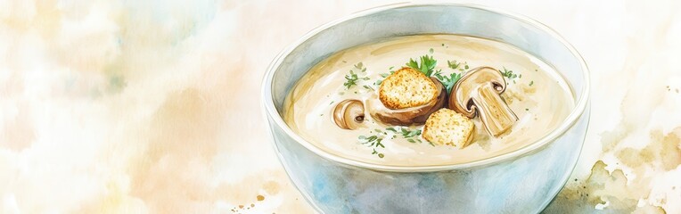 Poster - Close-up of a creamy mushroom soup in a soft watercolor background showcasing herbs and croutons