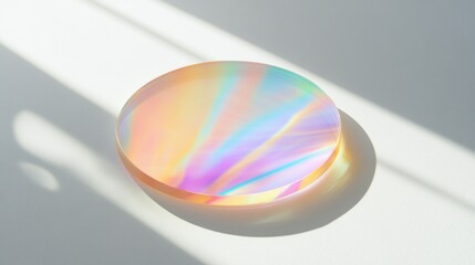 Poster - A stunning holographic sticker mockup sits alone on a smooth surface, reflecting a spectrum of colors under soft lighting. The elegant design captivates with its iridescent shine
