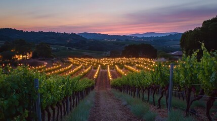 Poster - Vineyard illuminated by soft lights under a vibrant sunset in a tranquil countryside setting