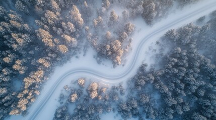Poster - Snowy road winds through dense forest offering a serene winter landscape at dawn
