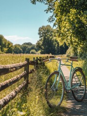 Poster - Bicycle parked along a sunny pathway in a scenic countryside setting during summer. Generative AI