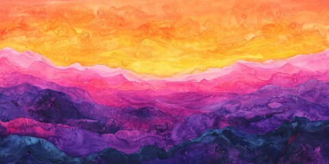 Poster - Watercolor texture illustration of vibrant mountain landscape at sunset with blended hues of orange, pink, and purple
