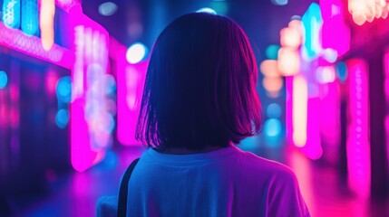 Aufkleber - Candid capture of a person enjoying vibrant neon magenta lights in an urban alley during the evening hours