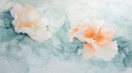 Aufkleber - Elegant pastel floral artwork featuring delicate pencil strokes and soft mint background with touches of peach