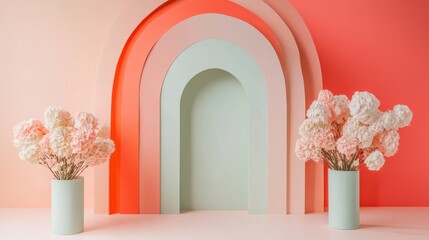 Poster - Elegant pastel mint and coral arcs create a harmonious backdrop for delicate flowers in minimalist decor