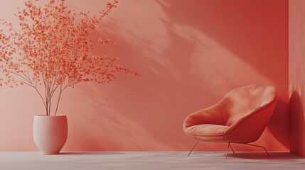 Poster - Elegant coral design interior with minimalist chair and floral arrangement enhancing the serene atmosphere