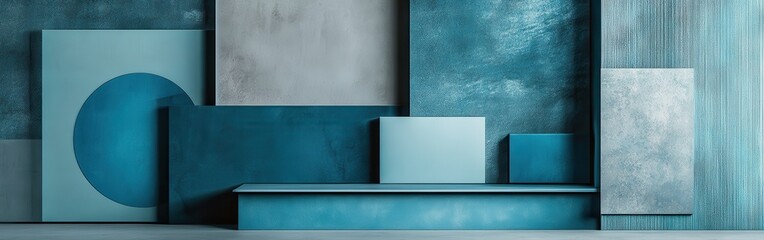 Aufkleber - Elegant composition of monochrome blue shapes creating a contemporary art installation in a minimalist interior design setting