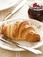 Poster - Fresh croissant on a delicate ceramic plate accompanied by homemade jam for breakfast