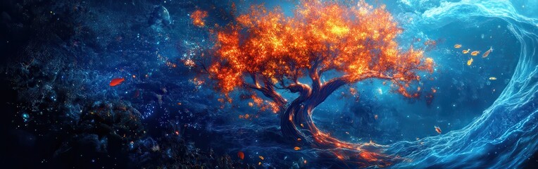 Poster - Vibrant visualization of a glowing tree amidst a cosmic landscape during twilight