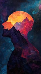 Fototapete - Vibrant silhouette of a man with a cosmic landscape and mountains blending together in a creative abstract representation