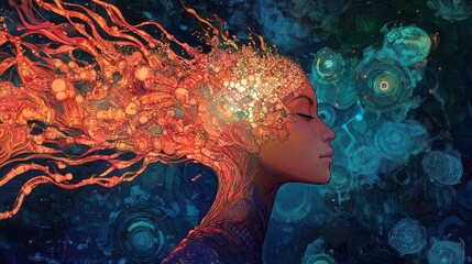Aufkleber - Surreal glowing woman with flowing hair in dreamlike landscape of vibrant colors