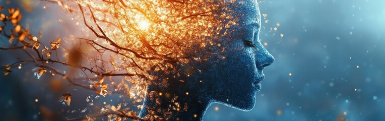 Aufkleber - Surreal representation of a glowing woman among flowing elements of nature during twilight hours