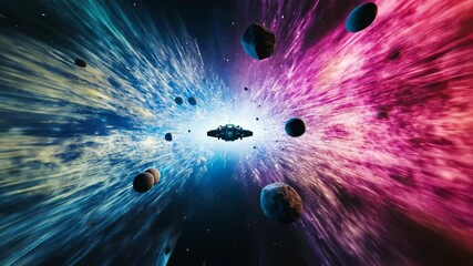 Wall Mural - Spaceship traveling through wormhole with colorful nebulae and asteroids