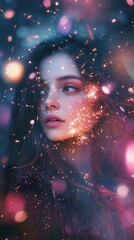 Aufkleber - Surreal portrait of a glowing woman surrounded by ethereal lights in a dreamlike setting