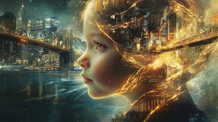 Poster - Surreal portrait of a glowing child with a cityscape flowing from their head at dusk near a bridge