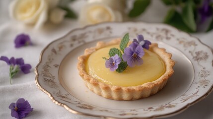 Aufkleber - Freshly baked lemon curd tart adorned with violet flowers on a decorative plate