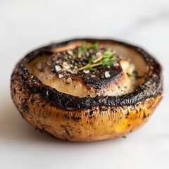 Poster - Grilled mushroom cap garnished with herbs and seasoning against a minimalistic background