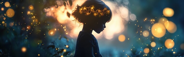 Poster - Child surrounded by glowing lights in a tranquil outdoor setting during twilight hours