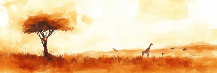 Poster - Majestic wildlife in a serene savanna landscape during sunset with giraffes and elephants roaming freely. Generative AI