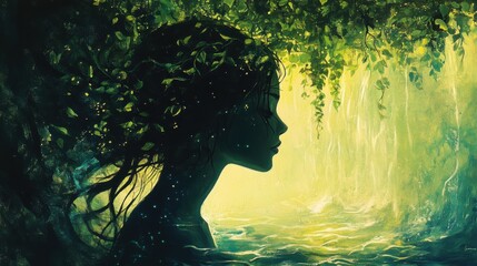 Aufkleber - Serene portrait of a woman surrounded by nature, radiating warmth and tranquility in a lush green environment